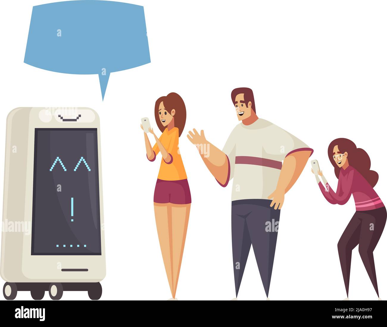 Guide Exkursion Zusammensetzung mit Gruppe von Touristen hören Roboter-Führer mit Chat Blase Vektor Illustration Stock Vektor