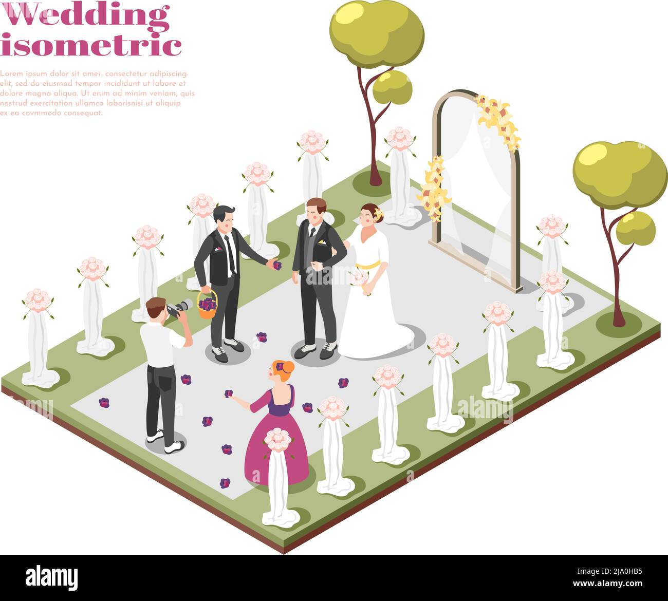 Hochzeit isometrische Komposition mit Paar heiraten auf Outdoor-Hochzeitszeremonie Vektor-Illustration Stock Vektor