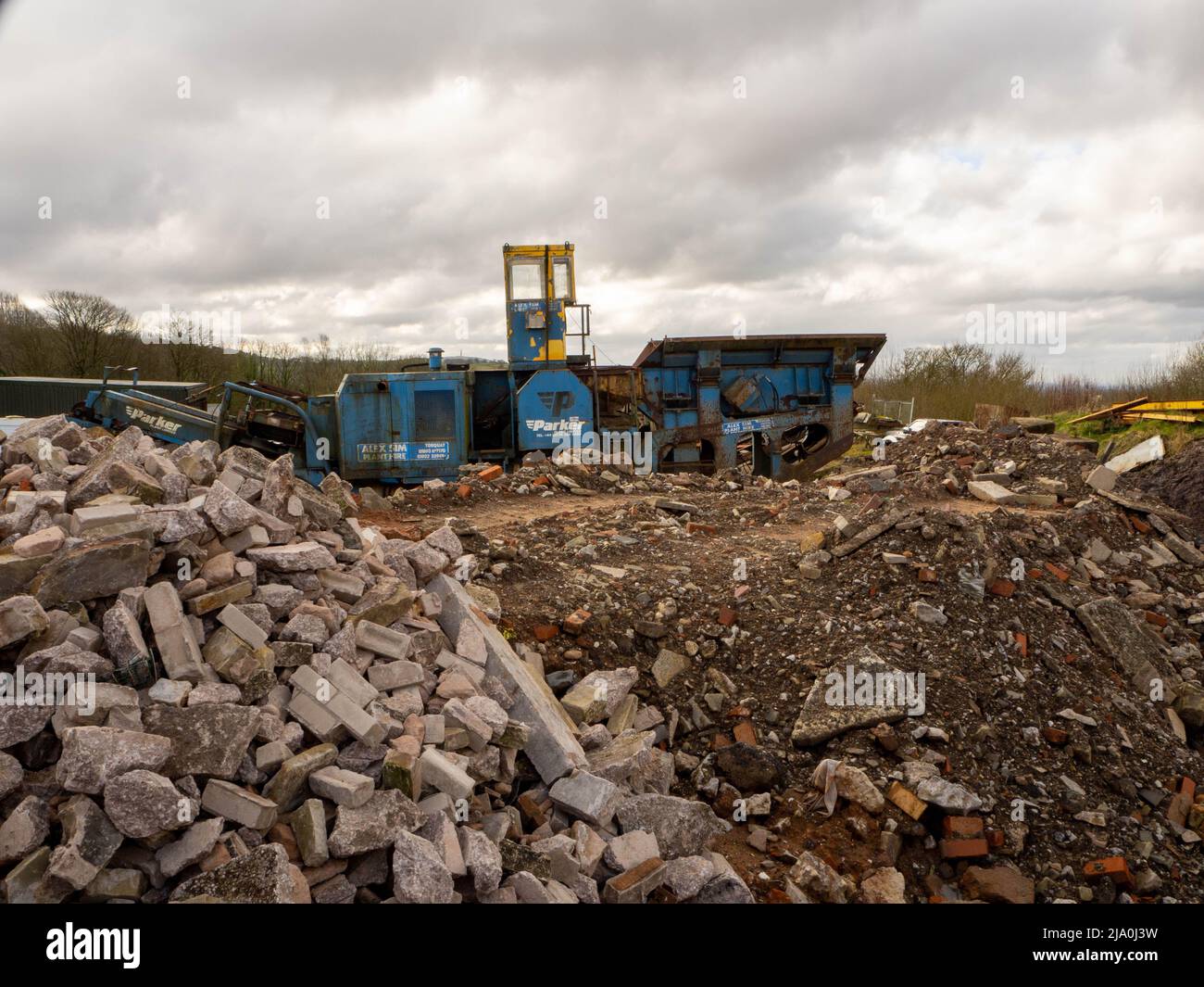 Blauer und gelber Steinbrecher in einem verlassenen Steinbruch zwischen den Trümmern Stockfoto