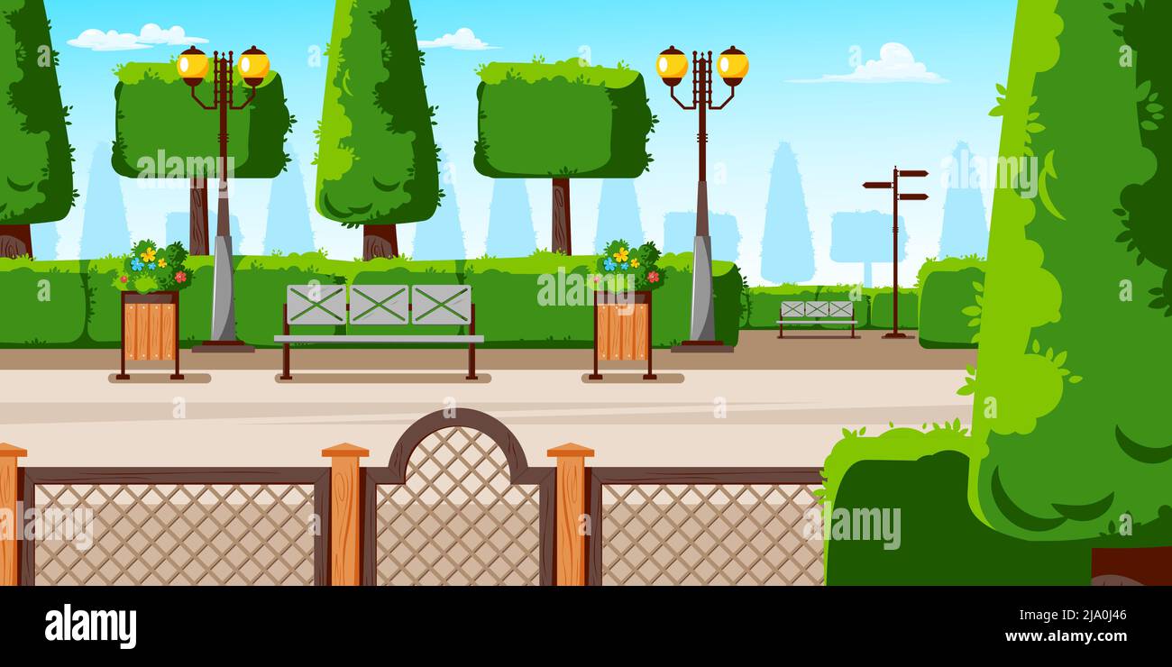 Sommertag Stadtpark zentrale Straße mit Bänken blühenden Sträuchern in Pflanzgefäßen Laternen Nadelbäume Komposition Vektor Illustration Stock Vektor