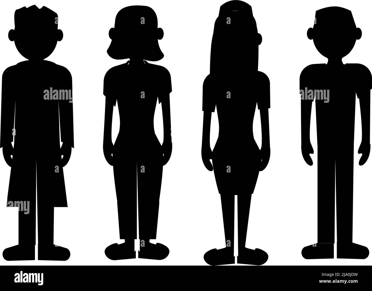 Schwarze Silhouetten von vier Personen, Angestellten oder Geschäftsleuten, und Frauen, eine Gruppe von Menschen bei der Arbeit. Zeichentrickfiguren Stock Vektor