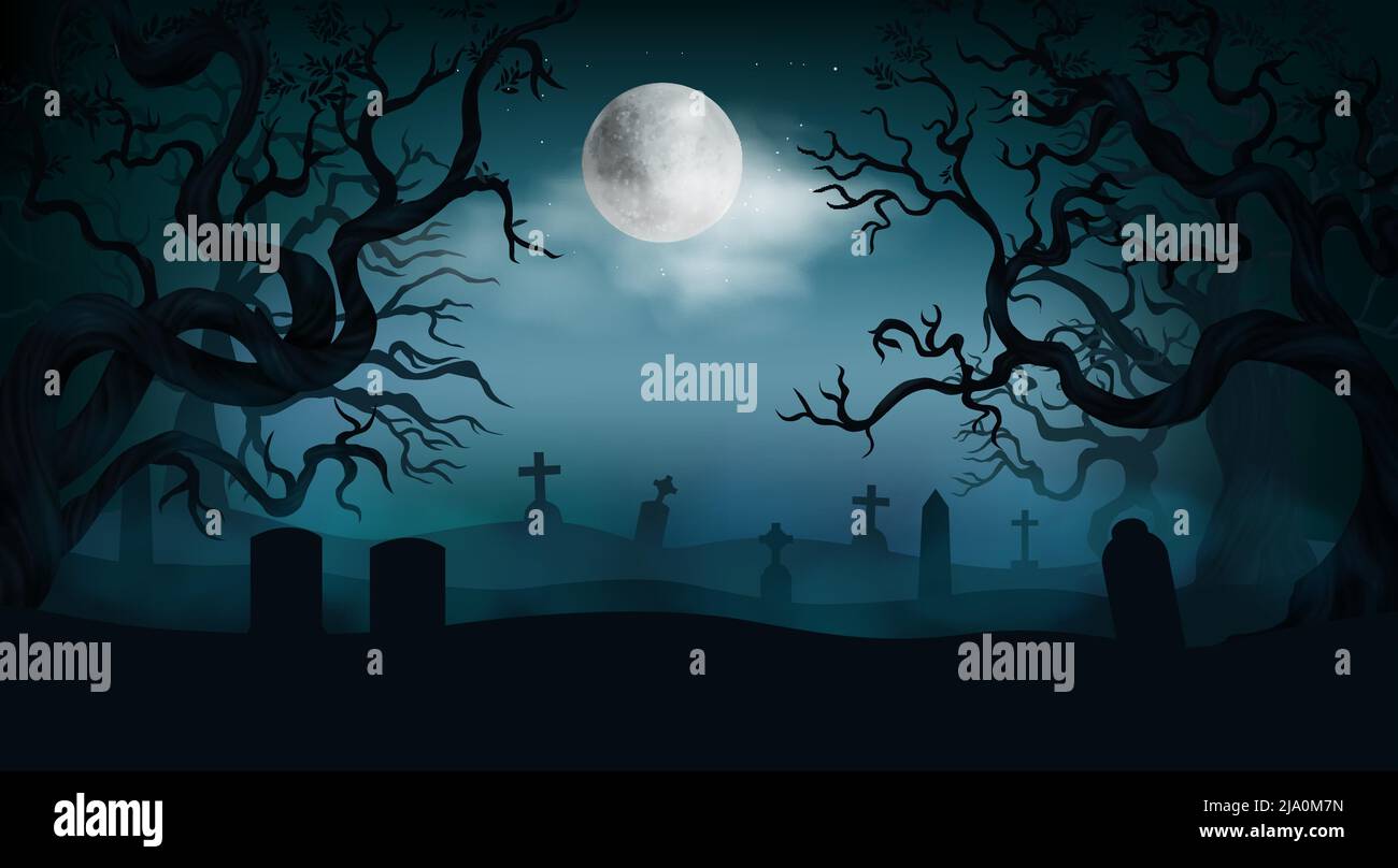 Halloween-Hintergrund mit alten Friedhof Grabsteine gruselige blattlose Bäume Vollmond am Nachthimmel realistische Vektor-Illustration Stock Vektor