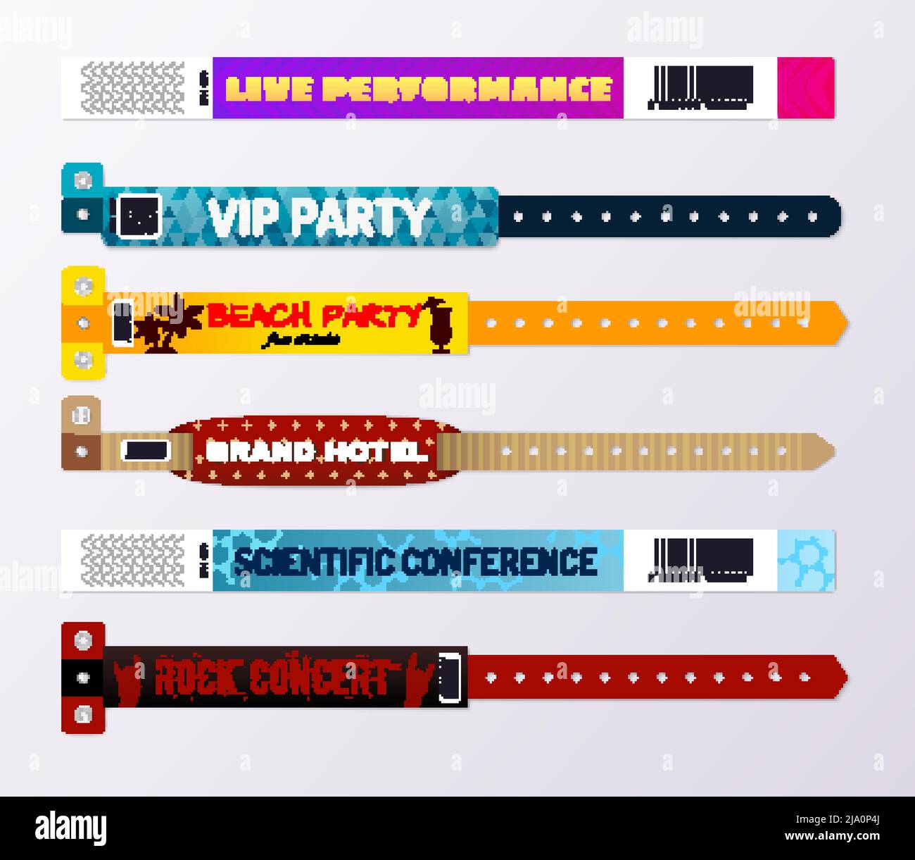 Moderne bunte Hotel Resort Armbänder Konzerte Veranstaltungen Pässe Konferenz Teilnehmer id Armbänder realistische set isoliert Vektor Illustration Stock Vektor