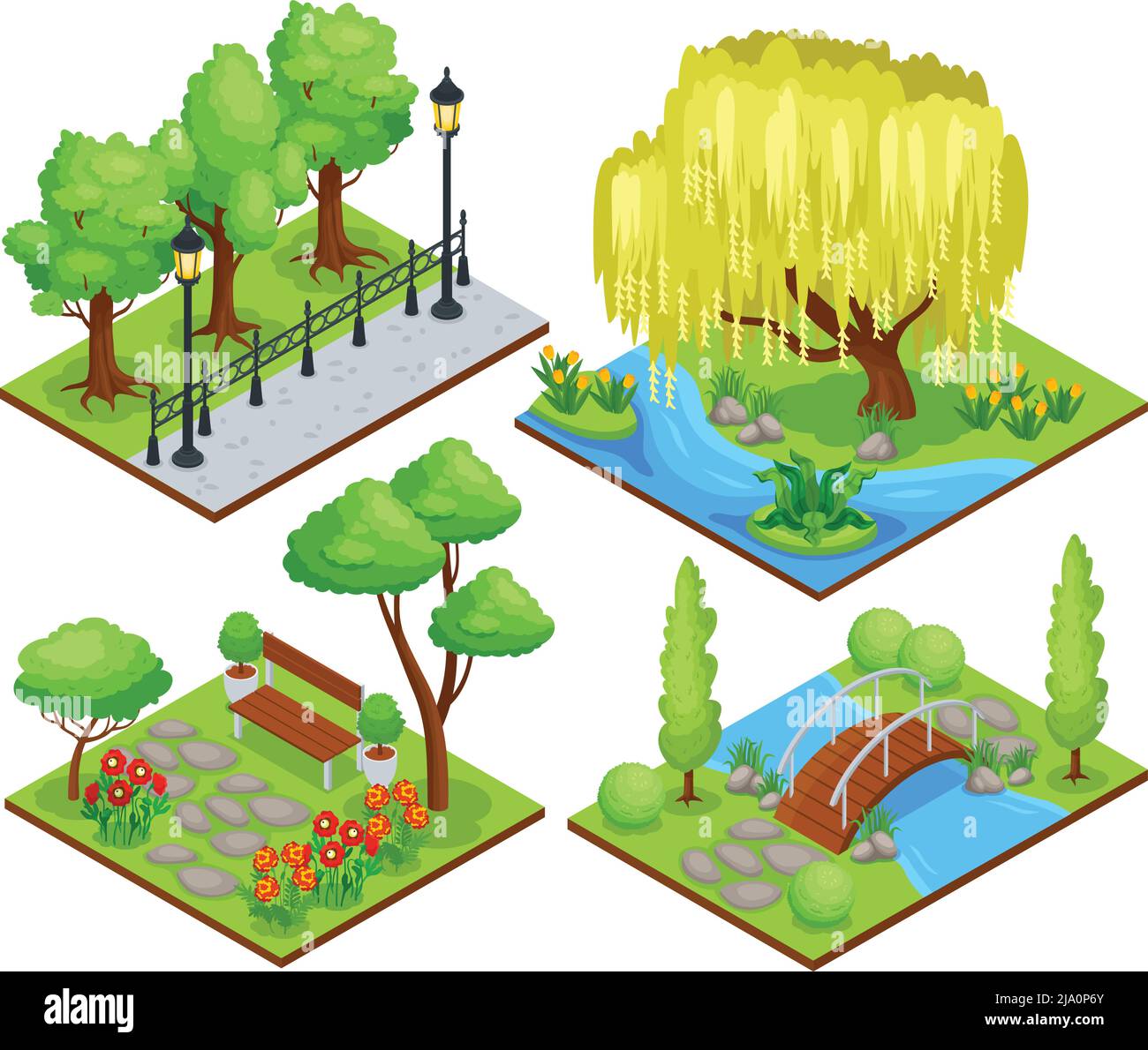 Naturpark geschützte Landschaft Erholungsgebiete Konzept 4 isometrische Kompositionen mit weinenden Weidenblüten Beete Vektor-Illustration Stock Vektor