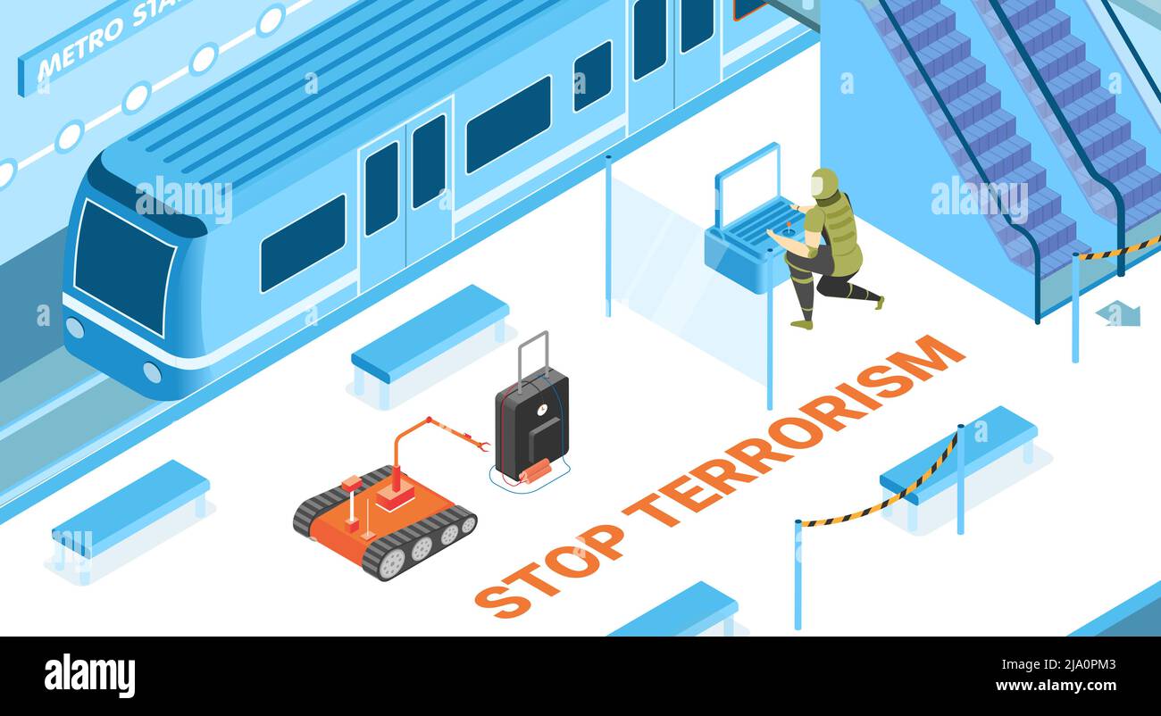 Stoppen Sie Terrorismus Hintergrund mit unterirdischen Sicherheitssymbolen isometrische Vektor-Illustration Stock Vektor