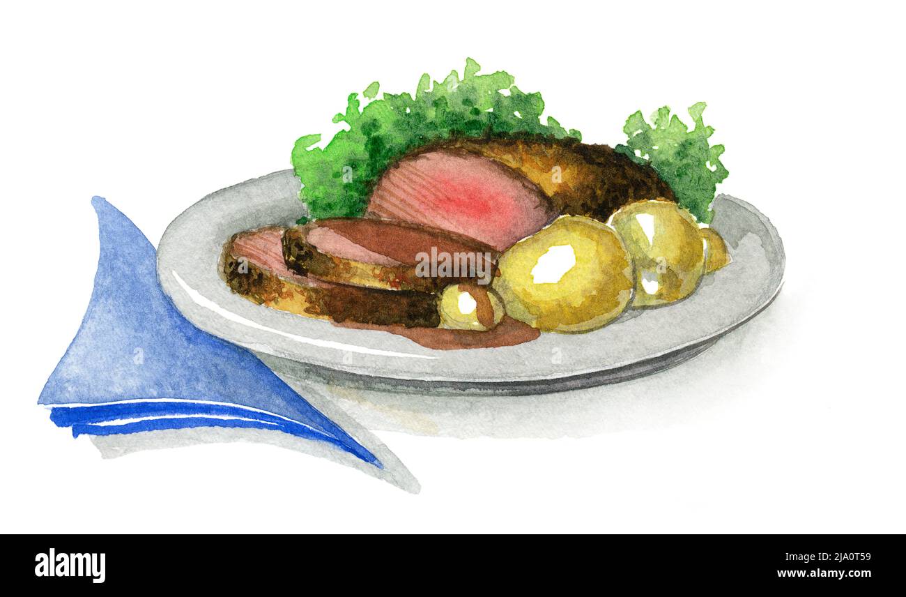 Aquarell-Abbildung mit einem Hauptgericht mit gebratenem Fleisch und Kartoffeln Stockfoto