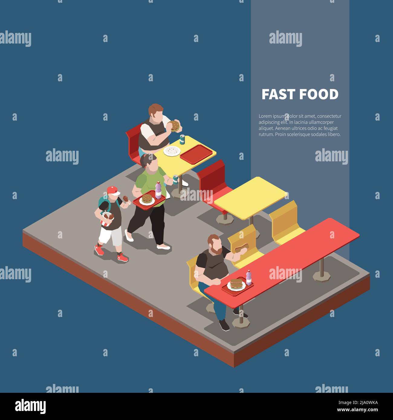 Völlerei isometrisches Konzept mit fetten Menschen im Fast-Food-Restaurant 3d-Vektordarstellung Stock Vektor