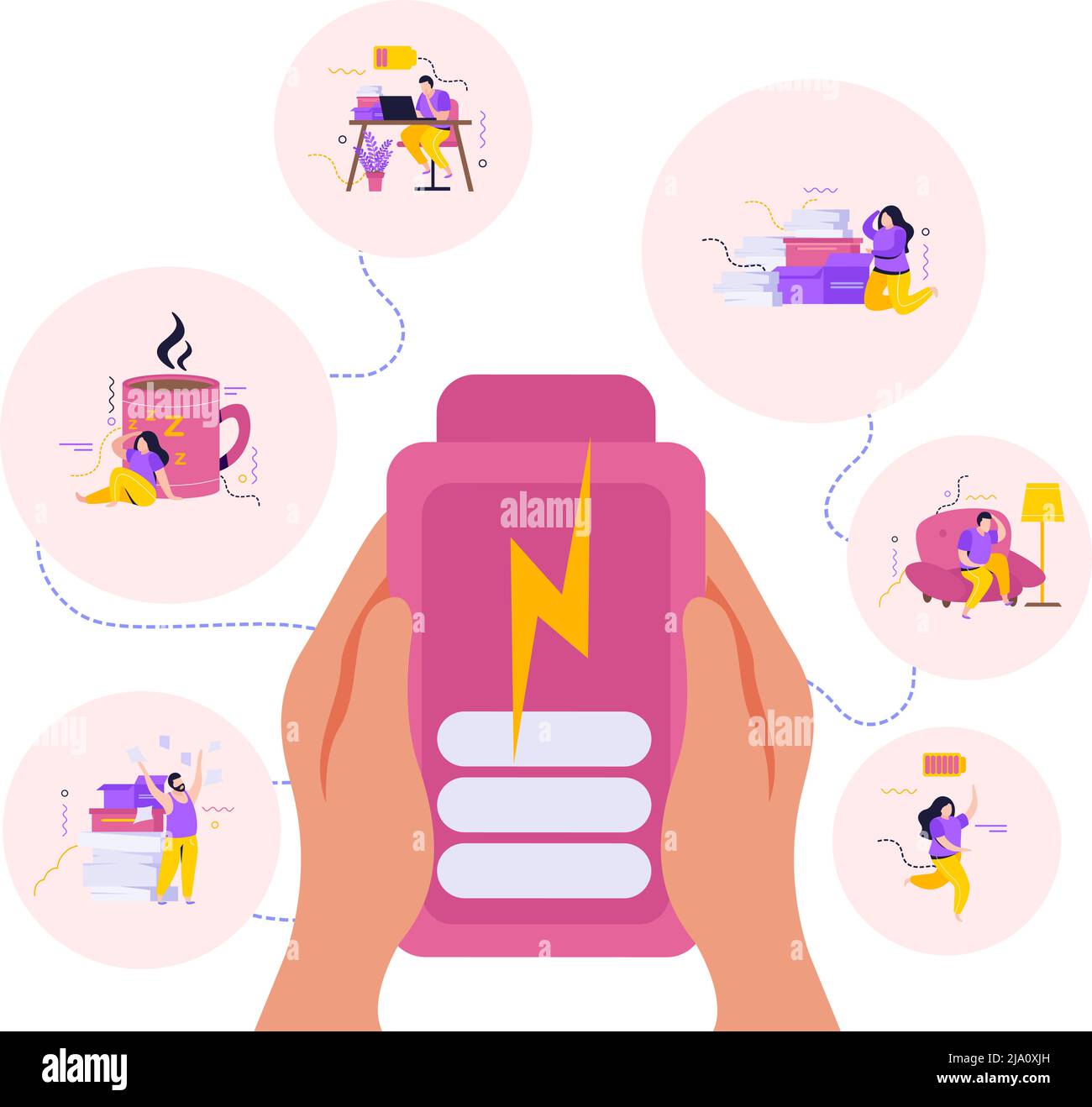 Energiesparendes People Design-Konzept mit menschlichen Händen, die aufgeladen halten Smartphone und Charaktere fühlen sich müde Vektor-Illustration Stock Vektor