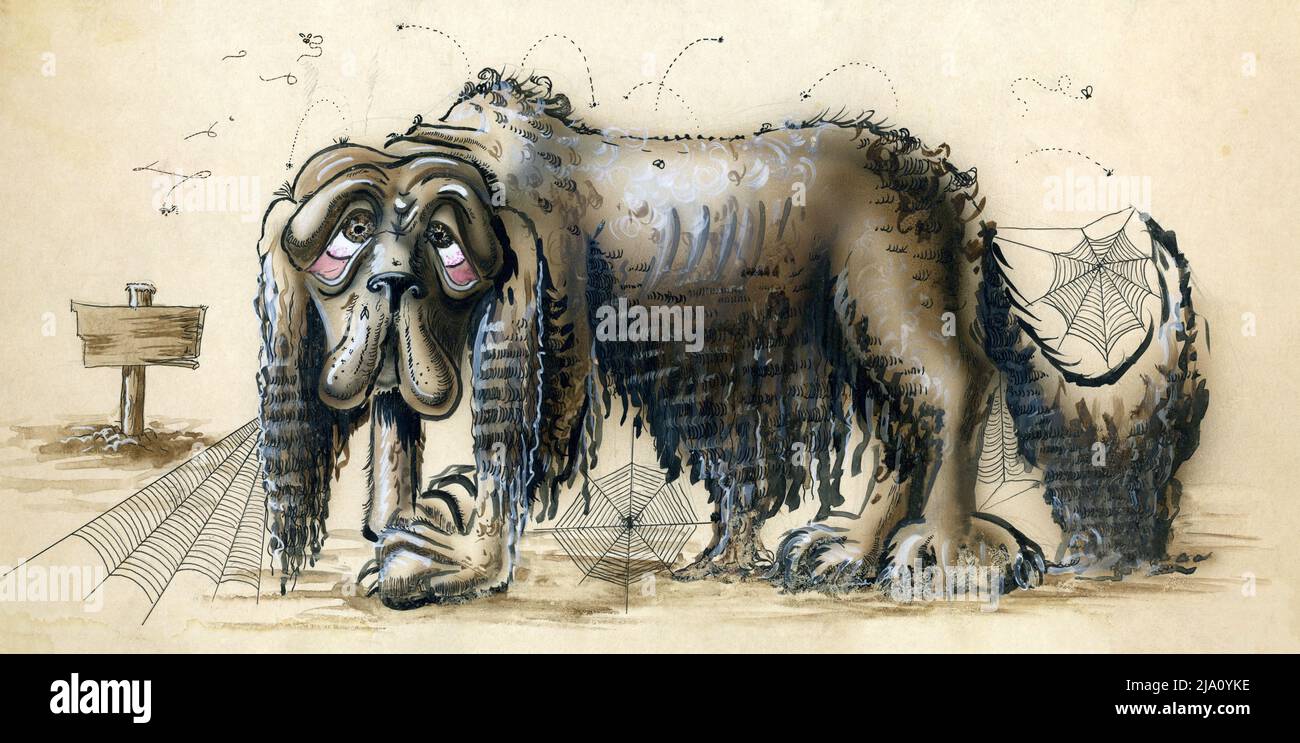 Illustration eines alten stinkenden langsamen Hundes in hellbraunem Rücken Stockfoto