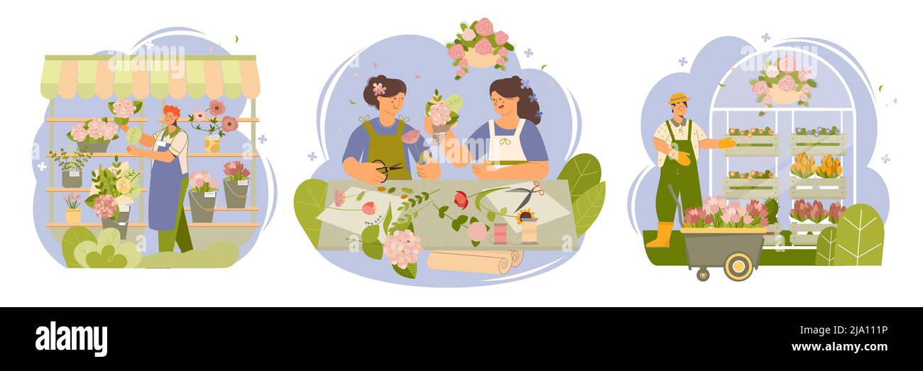 Gartencenter Schaufenster schöne Rosen Blumensträuße Arrangements Blumen Pflanzen Baumschule Bauernhof 3 flache Kompositionen Vektor Illustration Stock Vektor