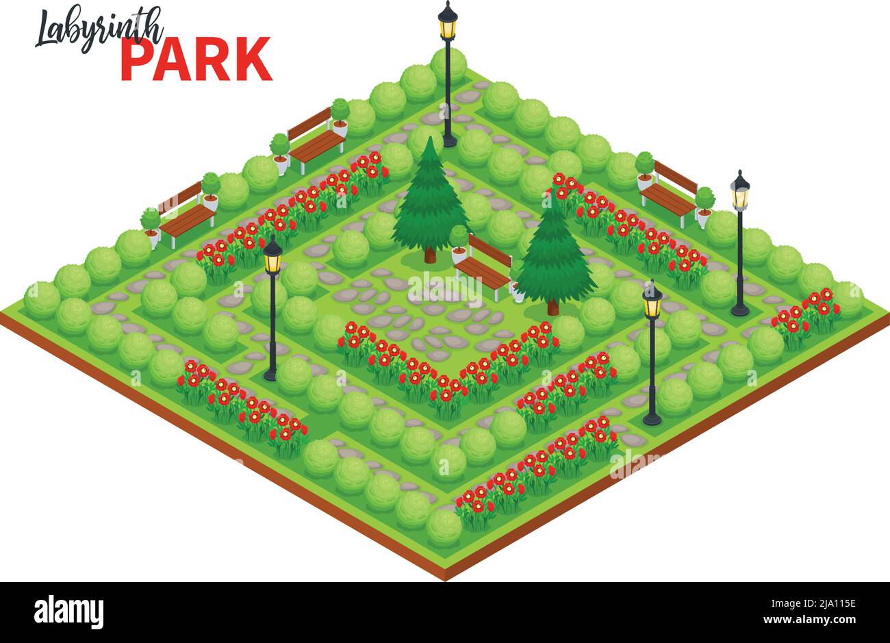 Labyrinth Spiel Komposition mit reich verzierten Text und Plattform mit öffentlichen Park Landschaft mit Blumen Büsche und Bänke Vektor-Illustration Stock Vektor