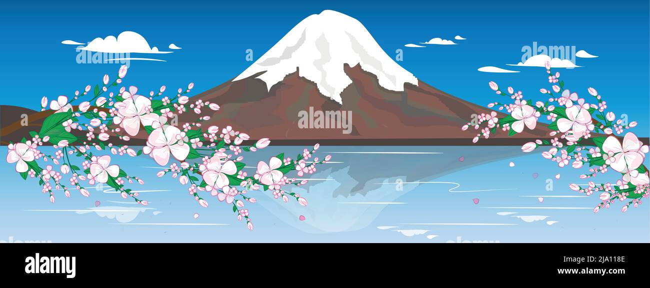 Illustration Fuji Mountain in Japan. Schöne Natur des verschneiten Berges mit Sakura-Blüten. Japanisches romantisches Hotel. Illustration für jedes Design Stock Vektor