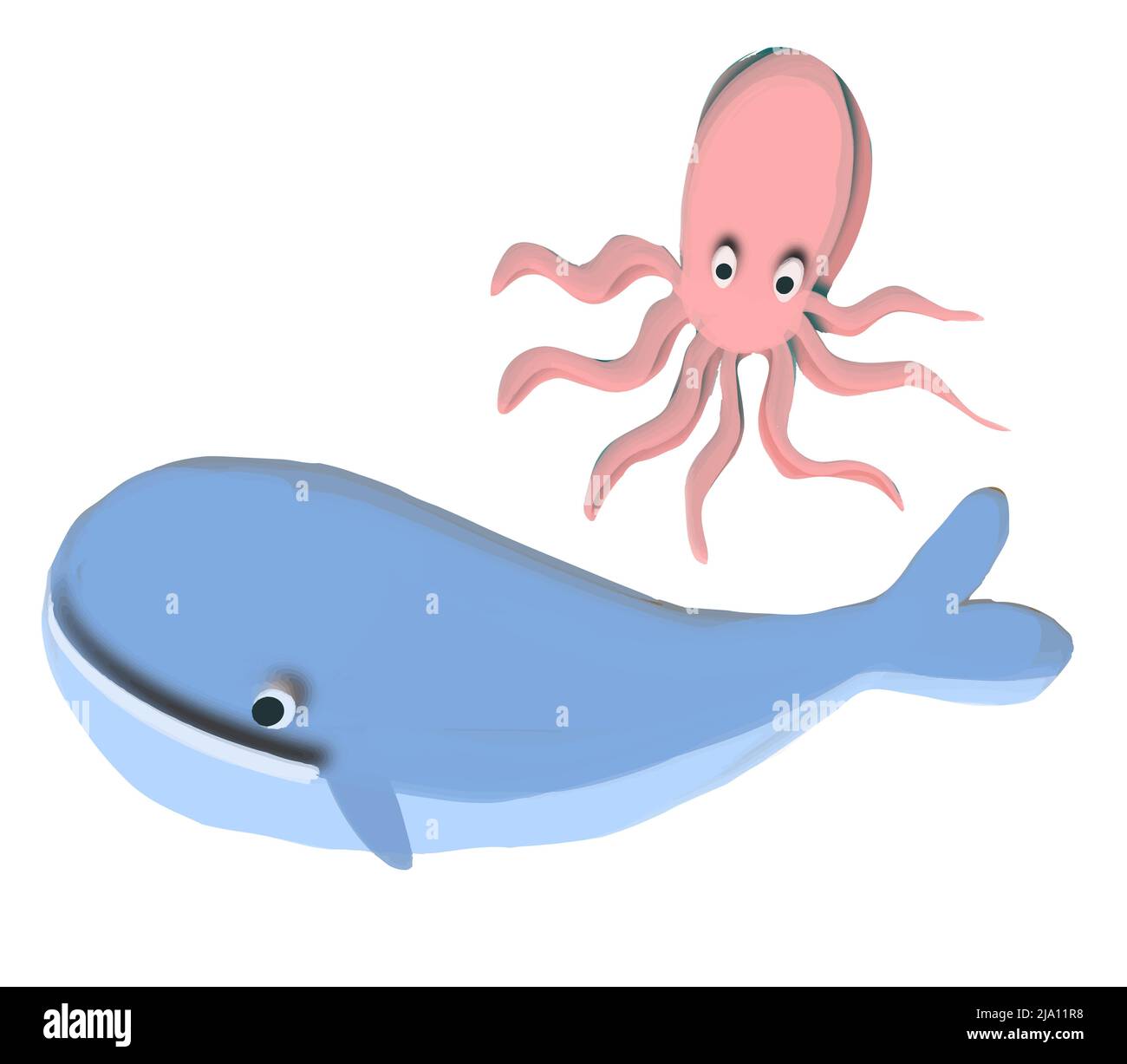 Wal und Oktopus im Stil von Plastilin gezeichnet. Vektorgrafik. Stock Vektor