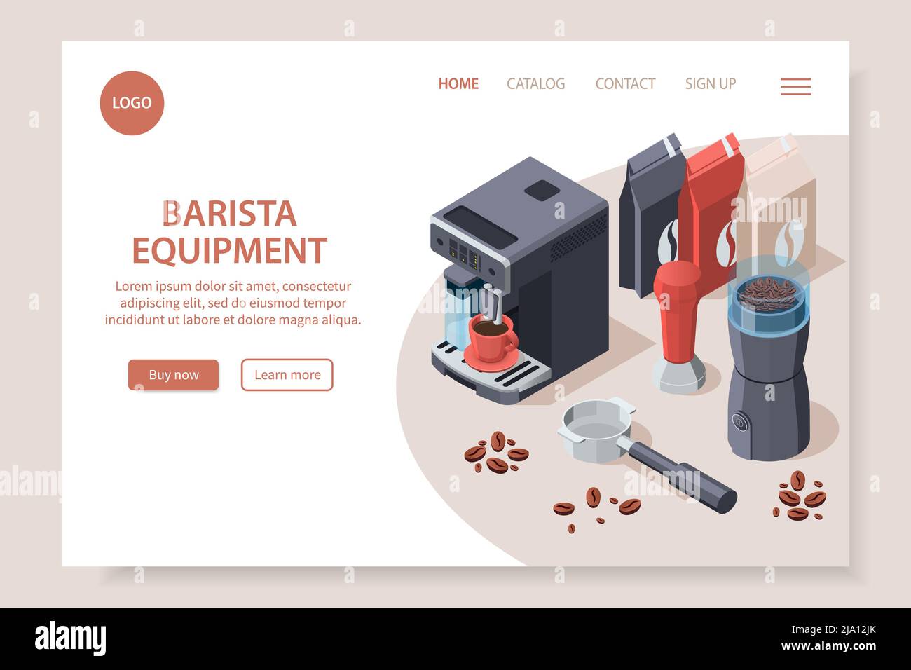 Professionelle Barista Kaffee Ausrüstung isometrische Website-Seite mit anklickbaren Links Schaltflächen und bearbeitbaren Text mit Bildern Vektor Illustration Stock Vektor