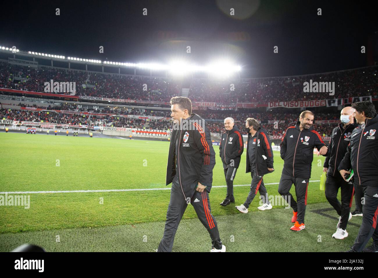 Fotball-Spieler vom River Plate Team Argentina spielen gegen Alianza de Lima, um den Libertadores Cup zu spielen. Stockfoto