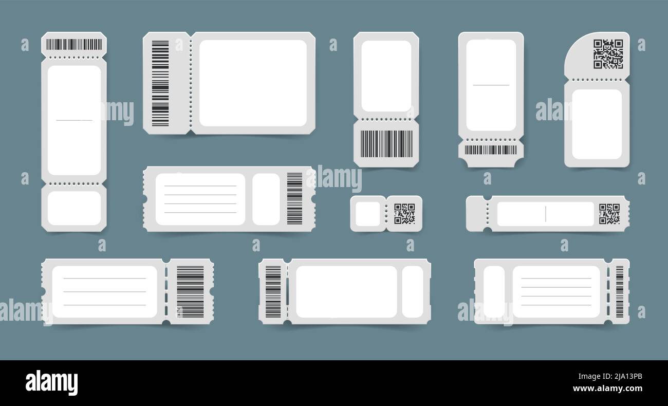 Realistische leere Ticket-Modelle mit isolierten Coupons Abriss Stiche und Barcodes auf abnehmbaren Slips Vektordarstellung Stock Vektor
