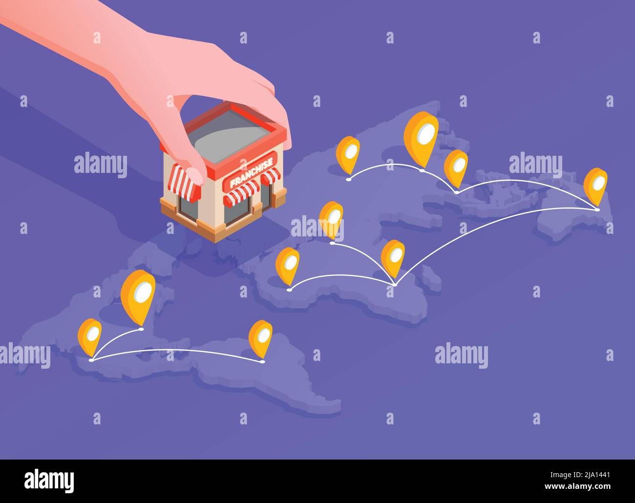 Franchise isometrische Zusammensetzung mit Ort und Finanzen Symbole Vektor Illustration Stock Vektor