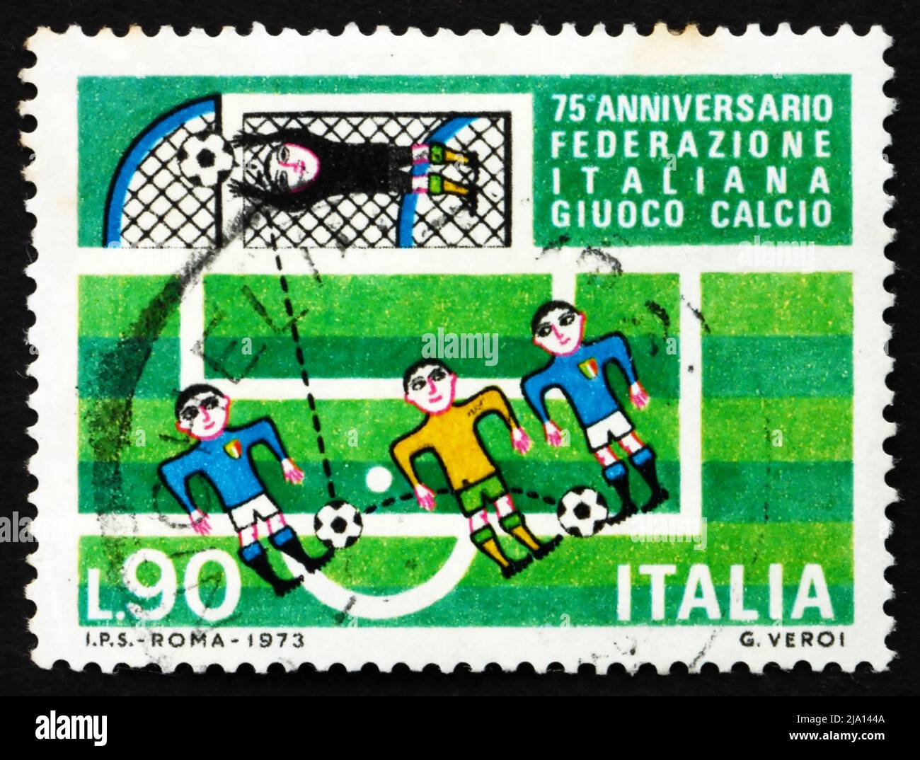 ITALIEN UM 1973 Eine in Italien gedruckte Marke zeigt Fußballspieler
