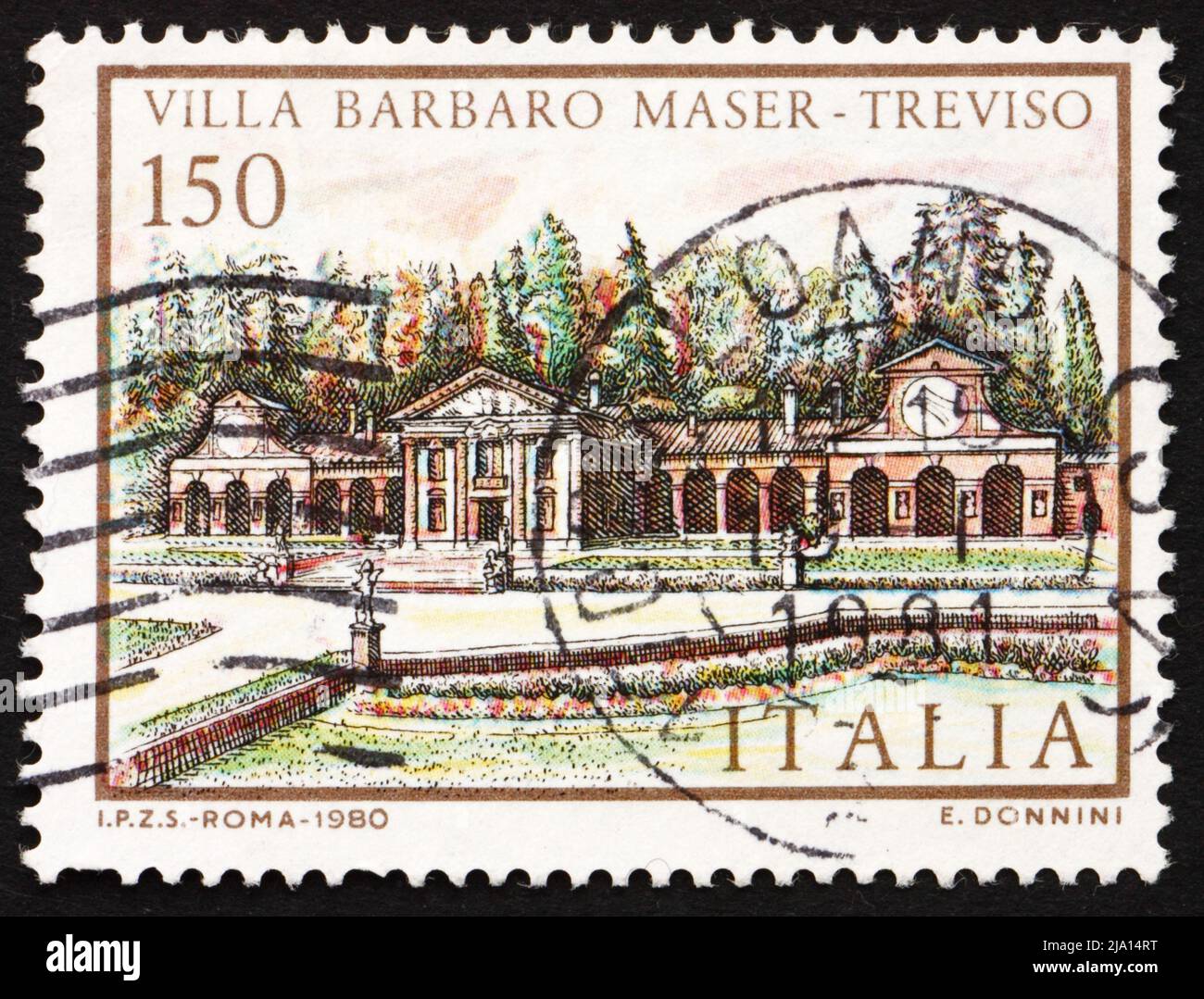 ITALIEN - UM 1980: Eine in Italien gedruckte Briefmarke zeigt Villa Barbaro Maser, Treviso, Italia, um 1980 Stockfoto