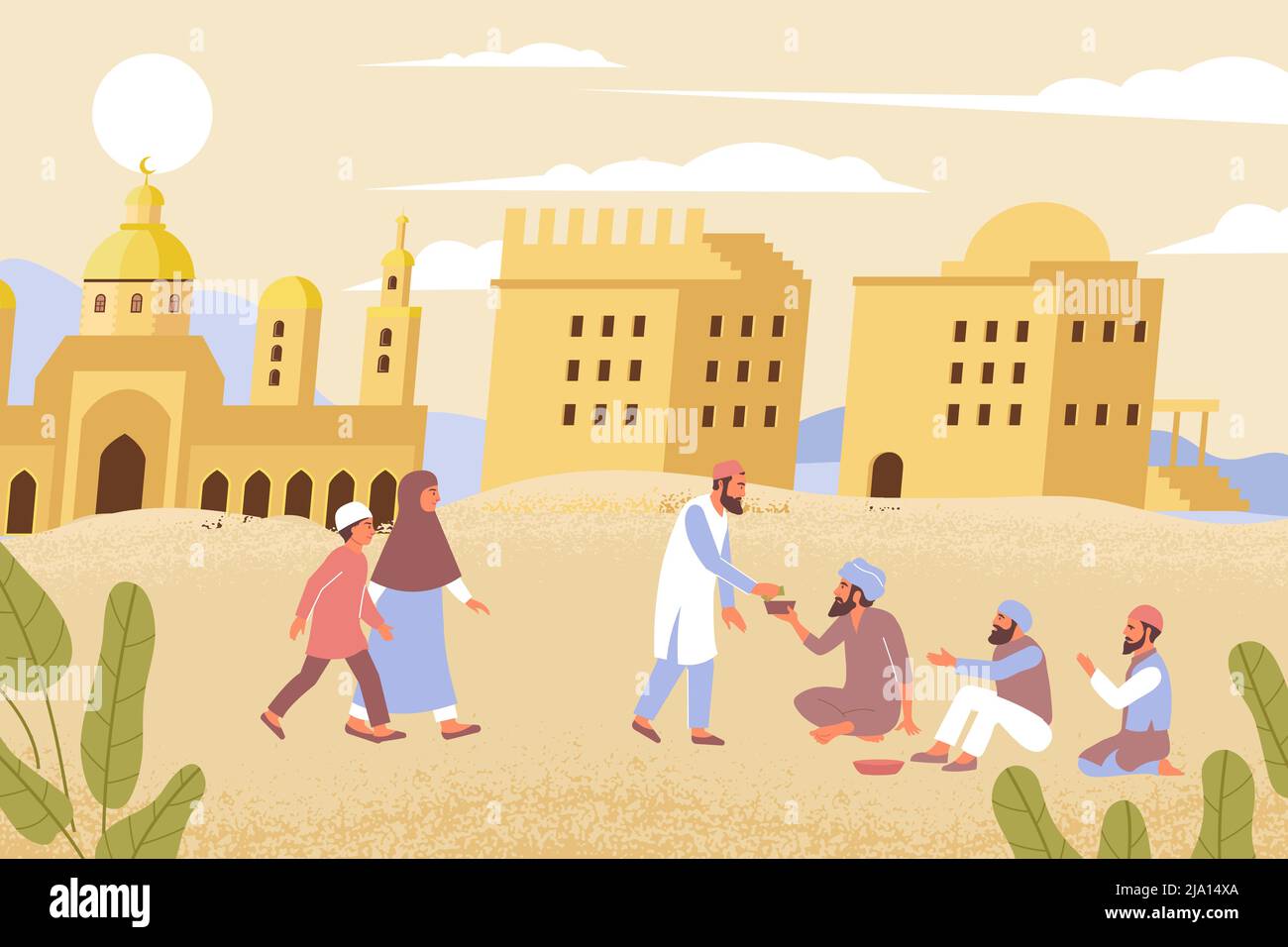 Ramadan Wohltätigkeitsorganisation flache Komposition mit Outdoor-Wüste Landschaft und muslimische Menschen geben Almosen an die betroffenen Vektor-Illustration Stock Vektor