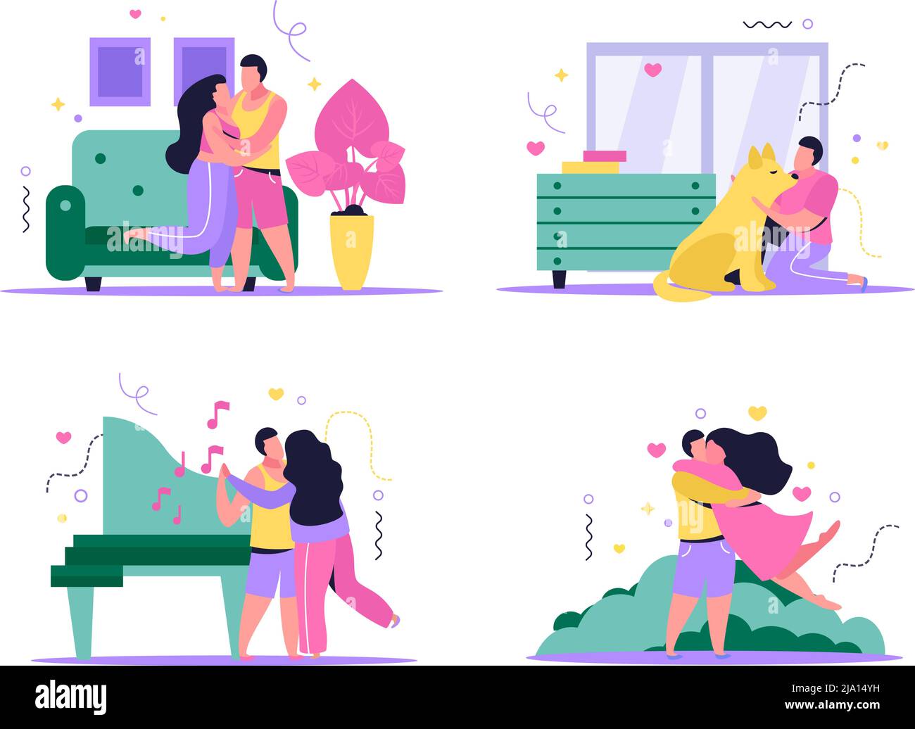 Umarmung Tag Satz von vier isolierten Kompositionen mit flachen Bildern Charaktere von Liebenden in verschiedenen Umgebungen Vektor-Illustration Stock Vektor
