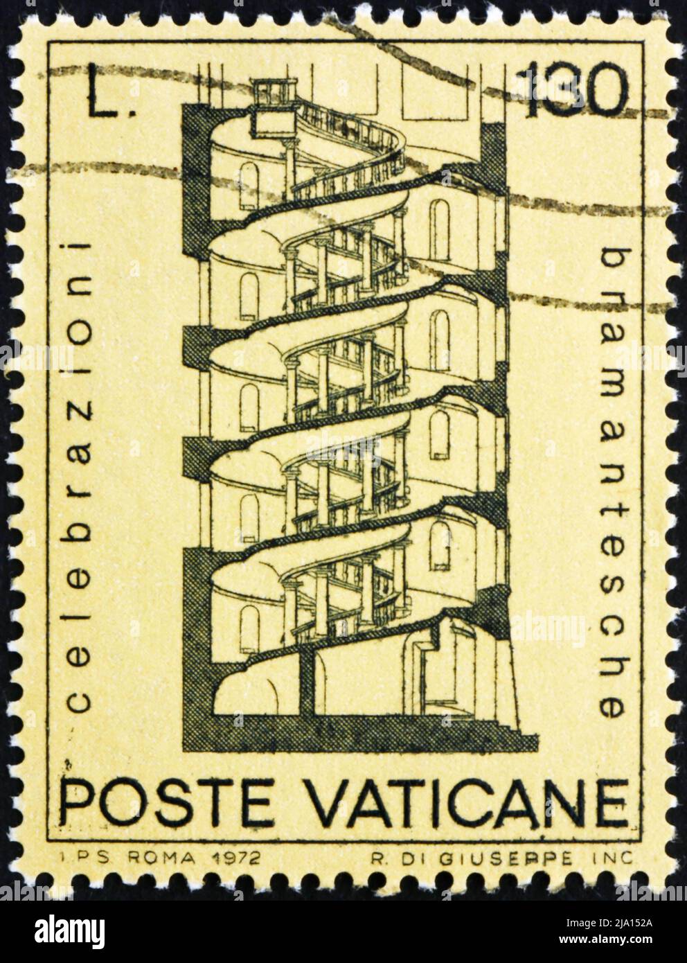VATIKAN - UM 1972: Eine im Vatikan gedruckte Briefmarke zeigt Design for Spiral Staircase, von Bramante, um 1972 Stockfoto