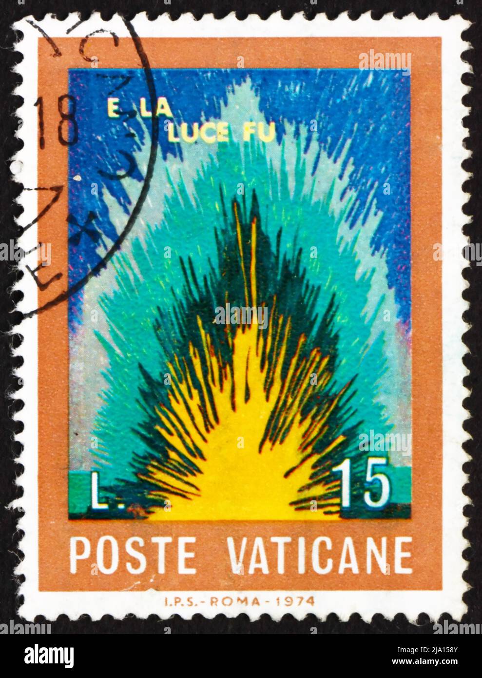 VATIKAN - UM 1974: Eine im Vatikan gedruckte Briefmarke zeigt Licht, und es war Licht, Zitat aus der Bibel, um 1974 Stockfoto