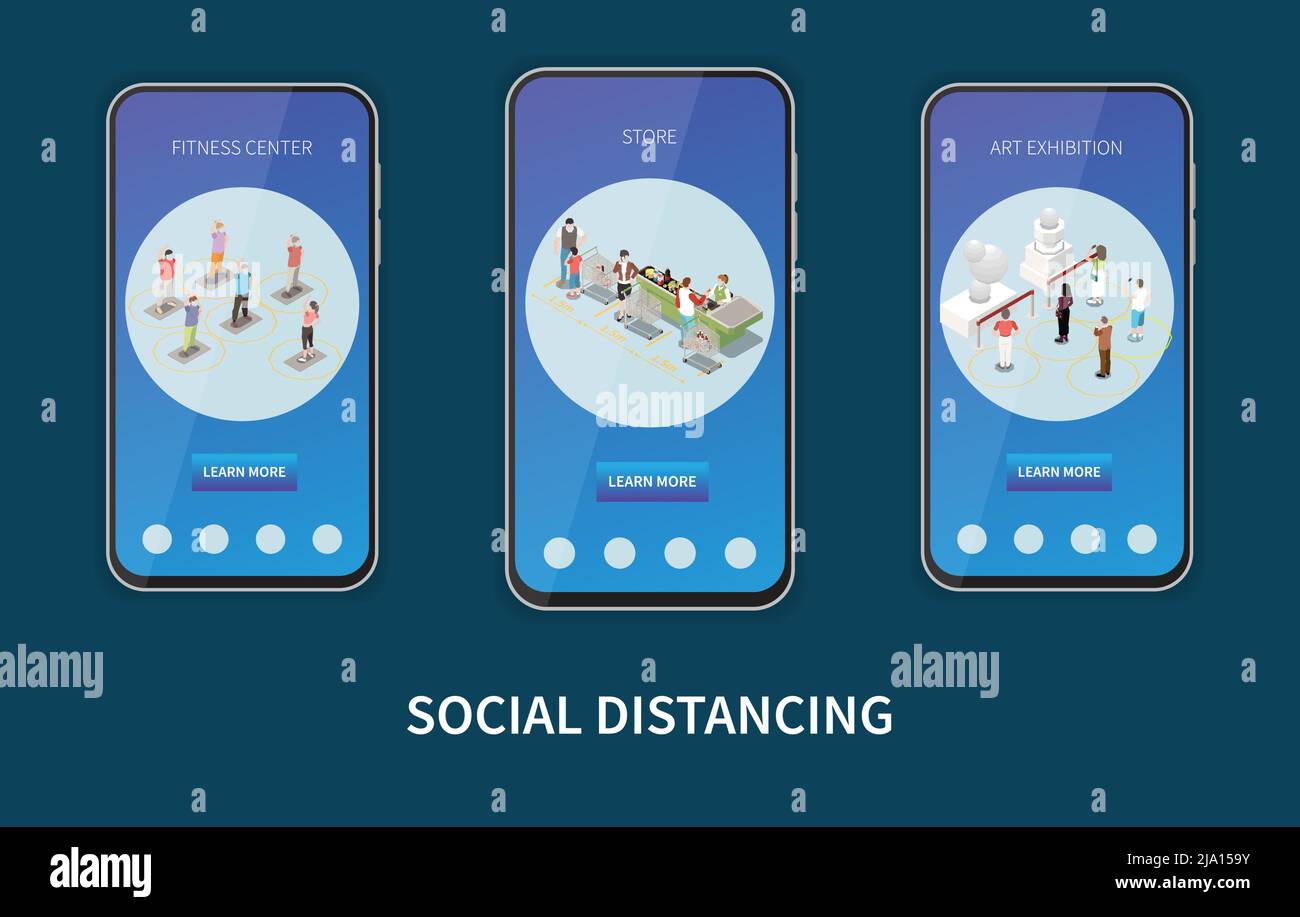Set aus drei isolierten isometrischen Social-Distancing-Bannern in Smartphone-Frames mit Text und Vektorgrafik menschlicher Charaktere Stock Vektor