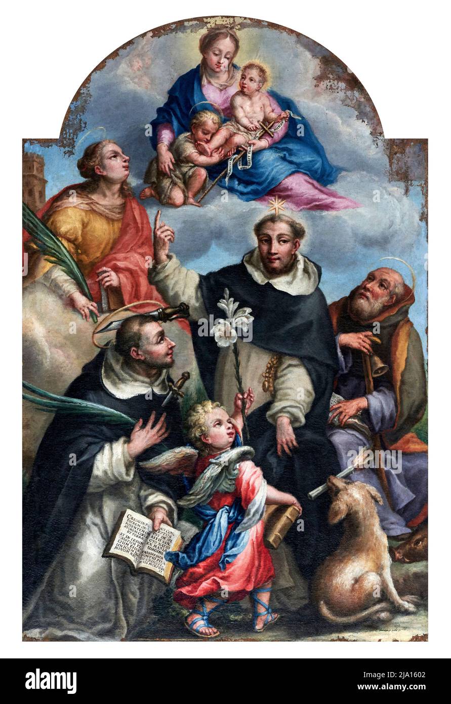 Madonna col Bambino con S.Giovannino,S. Domenico, S. Pietro martyre, S. Antonio da Padova, S. Rocco e S. Barbara - olio su tela - pittore veneto del PR Stockfoto