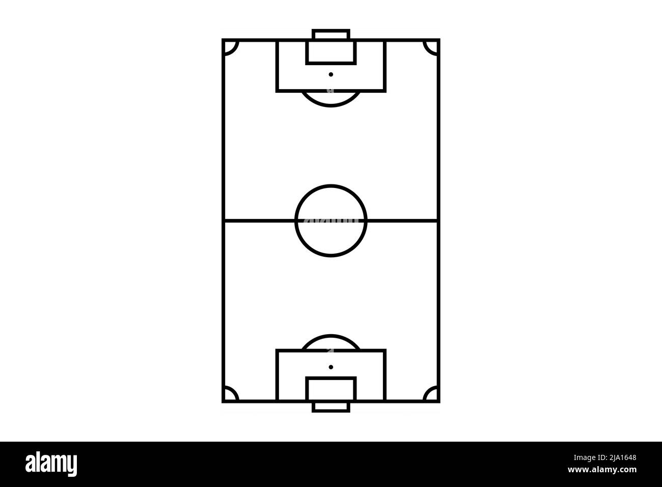 Fußballplatz. Blick von oben von der Fußballfeldlinie. Kontur begrenzt Liniendarstellung auf weißem Hintergrund Stockfoto