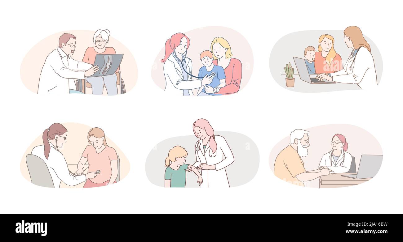 Medicare, Gesundheitswesen, Therapeuten, Kinderärzte Arbeitskonzept. Professionelle Ärzte Therapeuten und Kinderärzte Comic-Figuren Beratung und Heilung von Patienten in medizinischen Kliniken während der Besuche Stock Vektor
