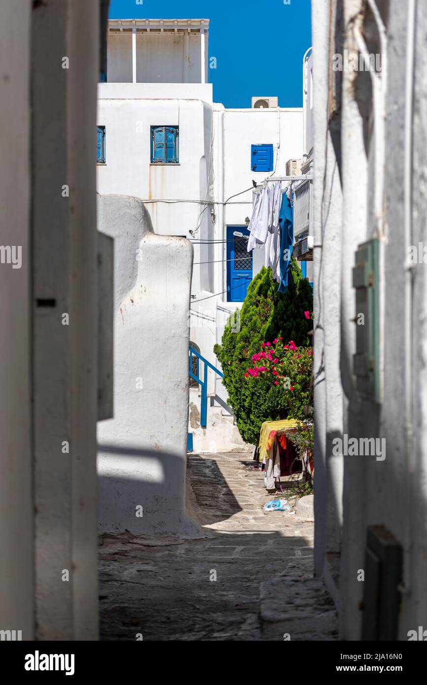 Mykonos Insel in Kykladen Gruppe in der Ägäis. Sommerparty Atmosphäre, ikonische Wahrzeichen Windmühlen aus dem 16.. Jahrhundert mykonos Stadt Griechenland Stockfoto