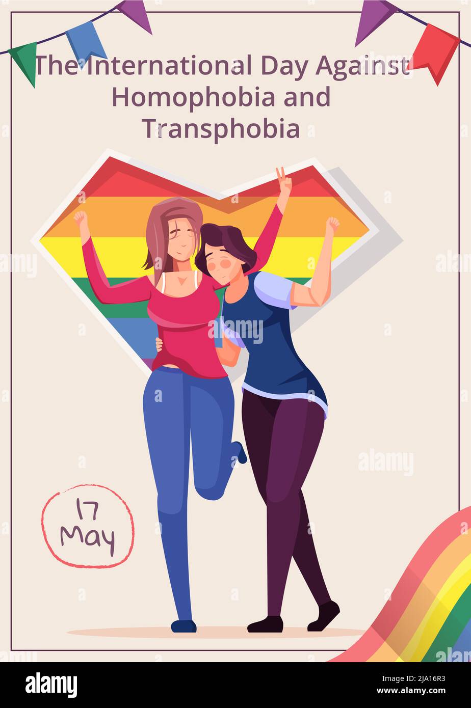 Internationaler Tag gegen Homophobie und Transphobie flaches Poster mit weiblichem Paar mit Regenbogen-Herz-Vektor-Illustration Stock Vektor