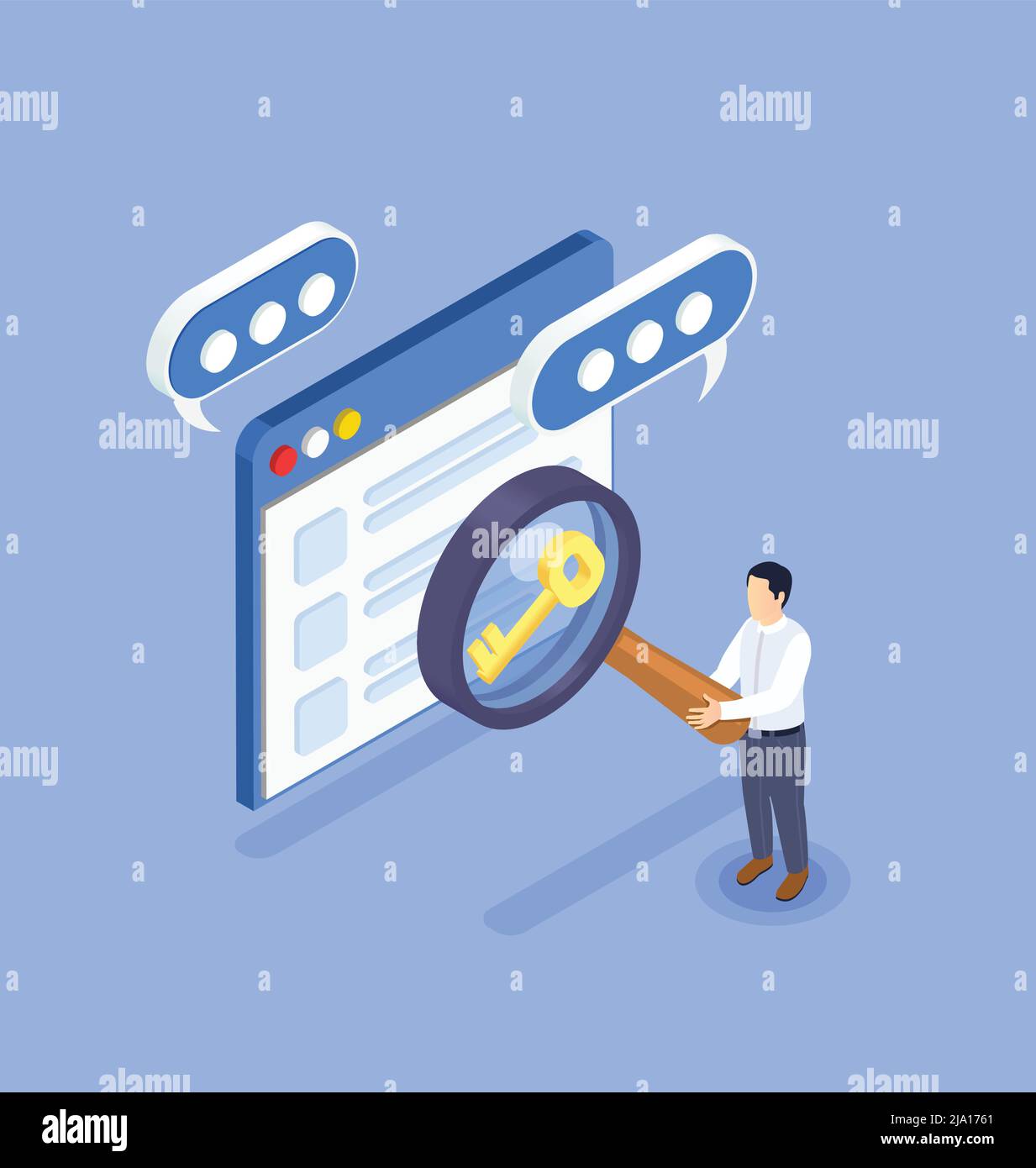 App Store Optimierung und Keyword-Suche isometrisches Konzept mit Charakter halten Lupe Vektor-Illustration Stock Vektor