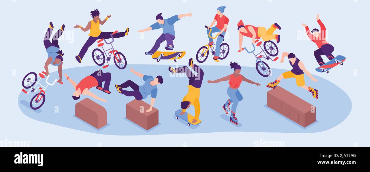 Extreme Street Sport horizontal schmalen Vektor-Illustration mit Gruppe von Junge und Mädchen im Teenageralter, die Rollschuhparkour und Skateboarding durchführen Stock Vektor