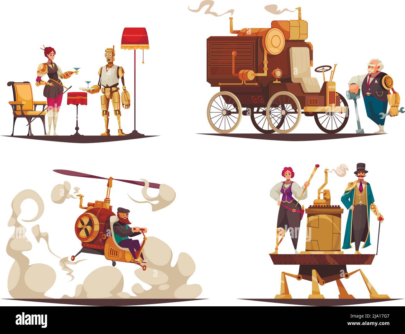 Vier Cartoon-Kompositionen mit Steampunk-Charaktere und Oldtimer isoliert auf weißem Hintergrund Vektor-Illustration Stock Vektor