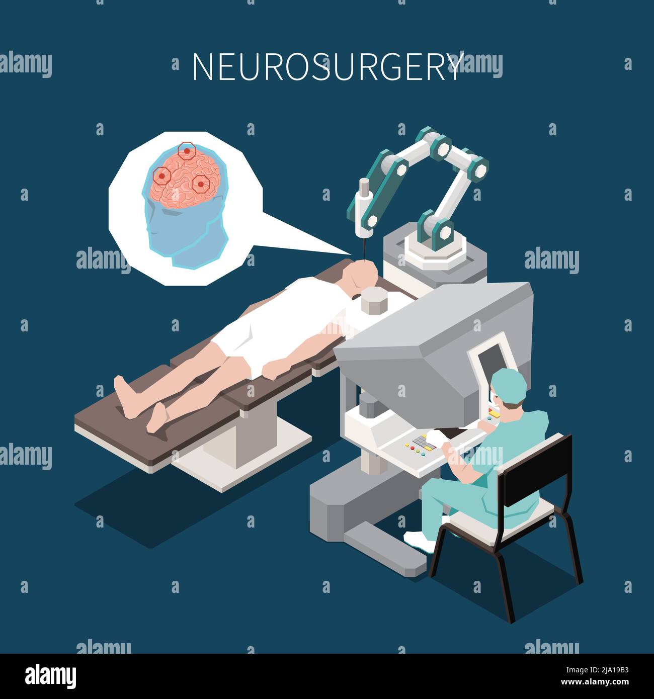 Isometrische Zusammensetzung der Roboterchirurgie mit Vektordarstellung der Operationssymbole der Neurochirurgie Stock Vektor