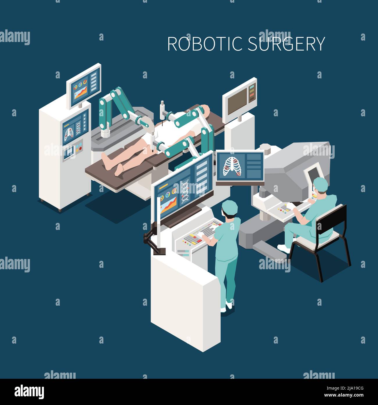 Isometrische Zusammensetzung der Roboterchirurgie mit innovativen Operationssymbolen Vektordarstellung Stock Vektor