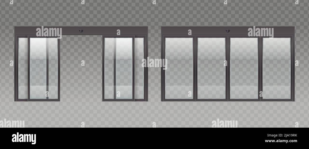 Glastür Eingang realistische Set mit transparentem Hintergrund und Bilder von Glastüren mit geöffneten Abschnitten Vektor-Illustration Stock Vektor