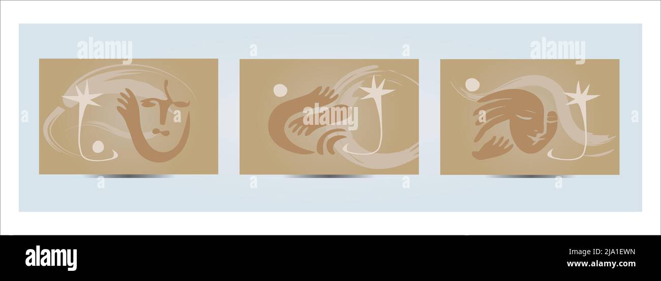 3 Abstrakte Designs Zeitgenössische Kunst Gesicht Hände Palme Natur Bubble Doodles Handgezeichnete Karte Postkarte Gold Sand Elfenbeinfarben Stock Vektor