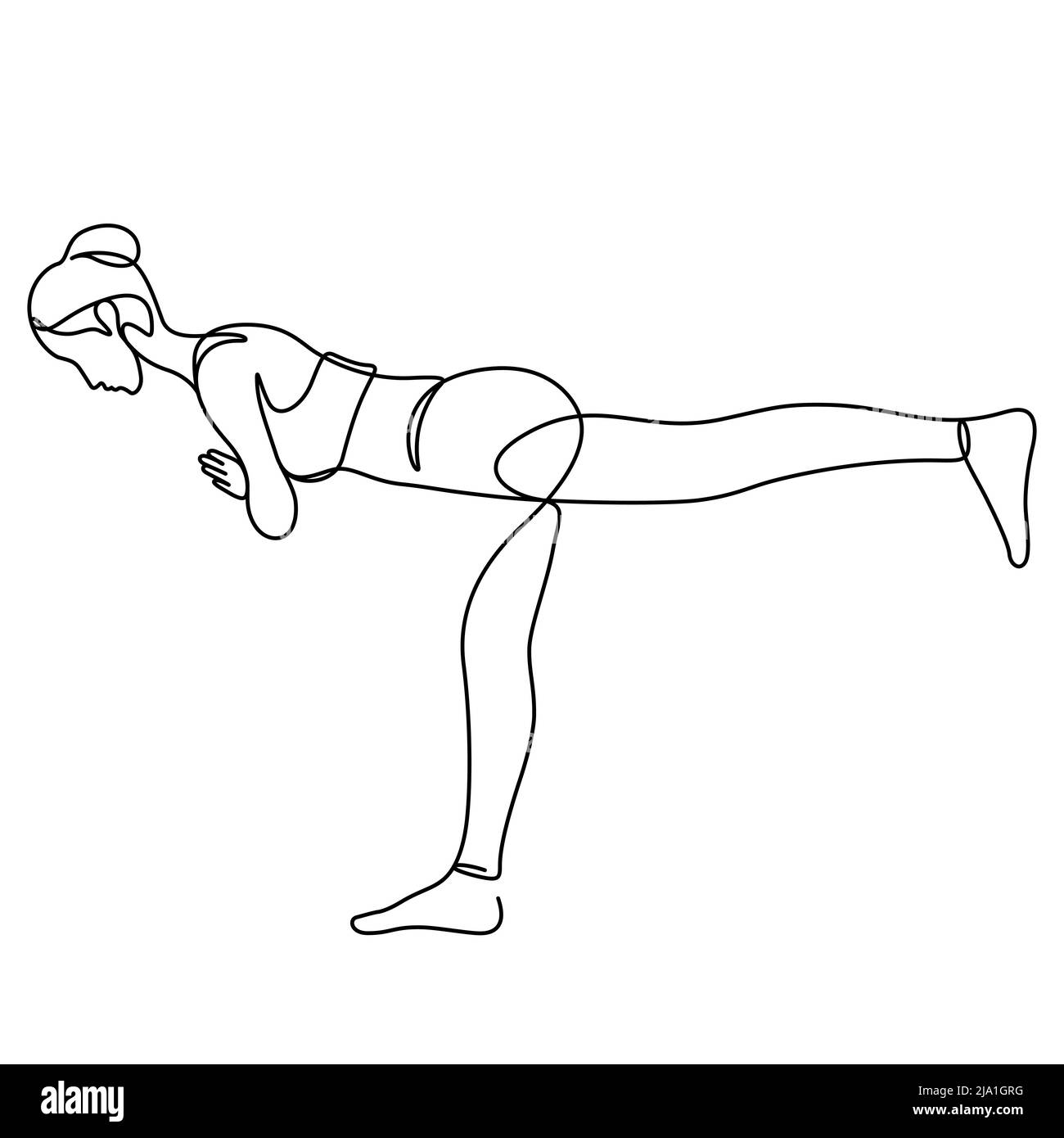 Frau in Yoga Pose Balancing Vektor Illustration. Eine Linienzeichnung und durchgehender Stil auf weißem Hintergrund isoliert. Stock Vektor