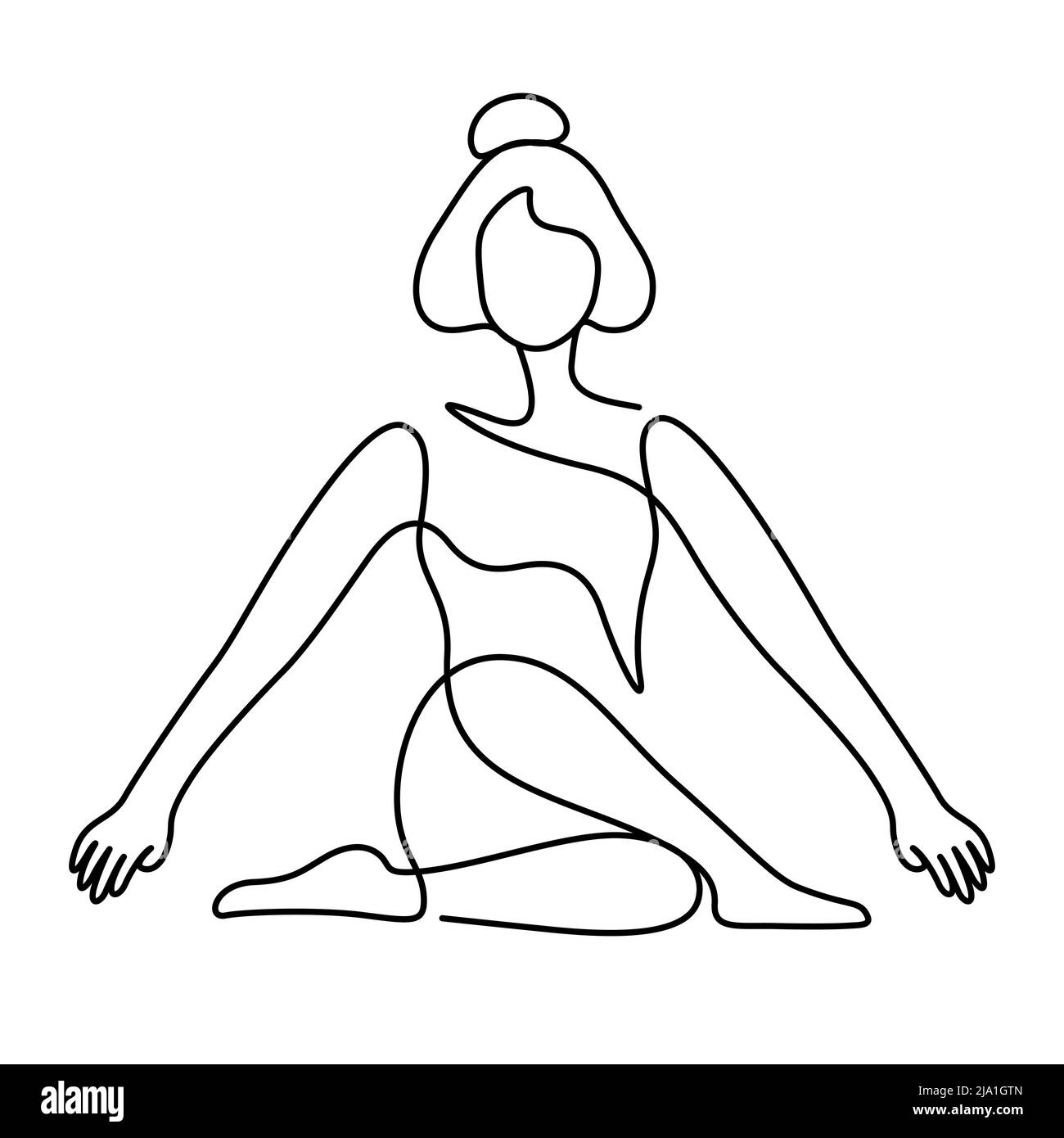 Frau in Yoga Pose Balance Vektor Illustration. Eine Linienzeichnung und durchgehender Stil auf weißem Hintergrund isoliert. Stock Vektor
