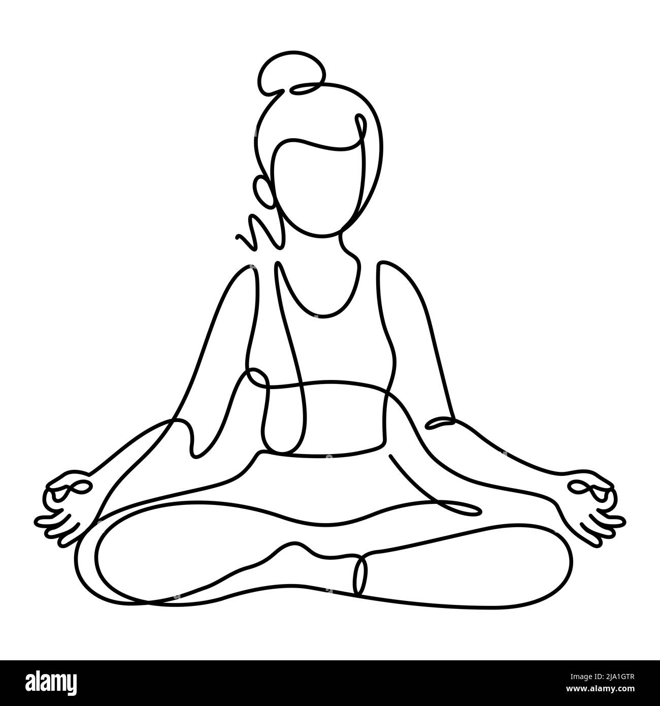 Frau im Lotus Pose Yoga Vektor Illustration. Eine Linienzeichnung und durchgehender Stil auf weißem Hintergrund isoliert. Stock Vektor