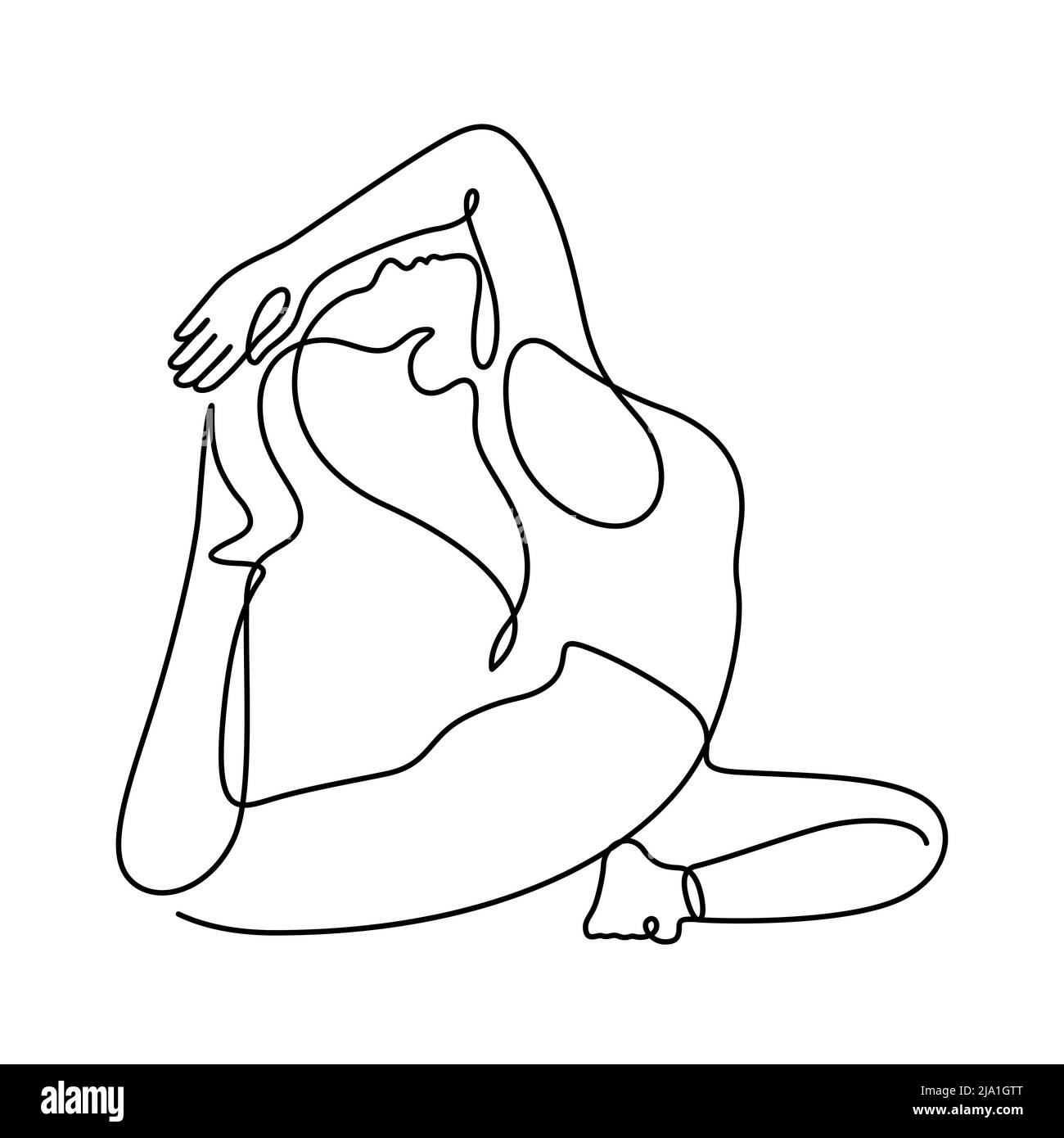 Frau in Yoga Pose Balancing Vektor Illustration. Eine Linienzeichnung und durchgehender Stil auf weißem Hintergrund isoliert. Stock Vektor