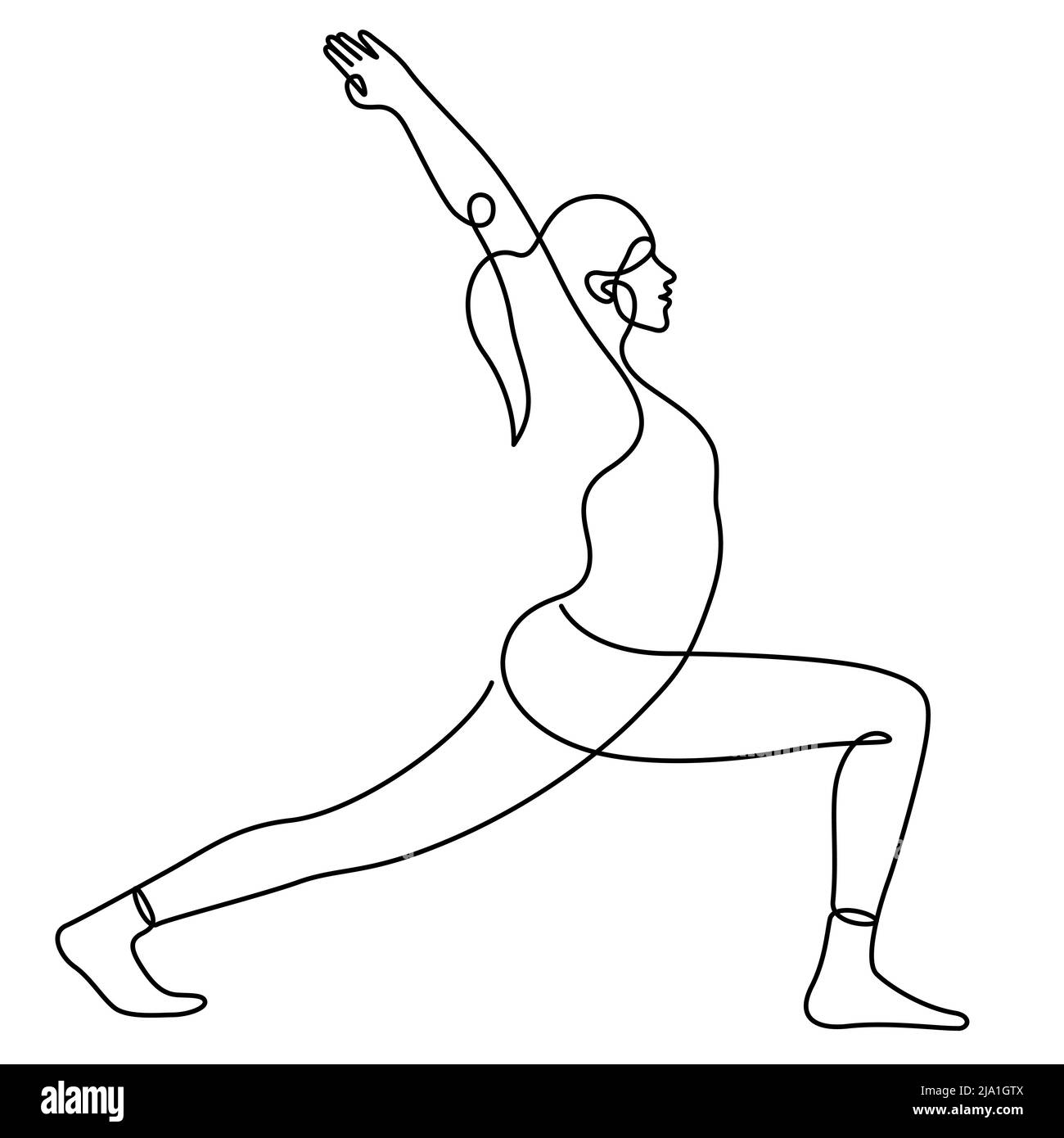 Frau in Krieger Pose Yoga balancing Vektor Illustration. Eine Linienzeichnung und durchgehender Stil auf weißem Hintergrund isoliert. Stock Vektor
