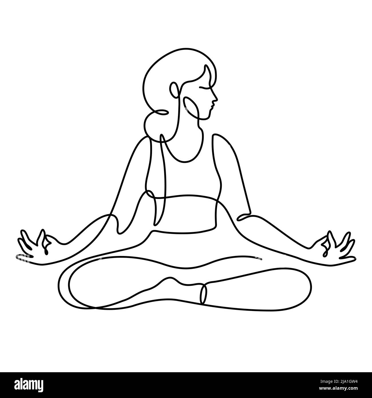 Frau im Lotus Pose Yoga Vektor Illustration. Eine Linienzeichnung und durchgehender Stil auf weißem Hintergrund isoliert. Stock Vektor