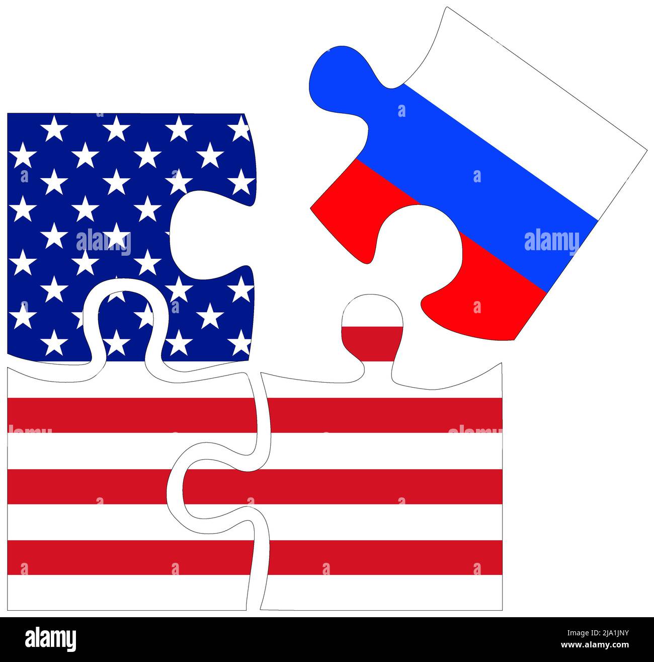 USA - Russland : Puzzle-Formen mit Fahnen, Symbol der Vereinbarung oder Freundschaft Stockfoto