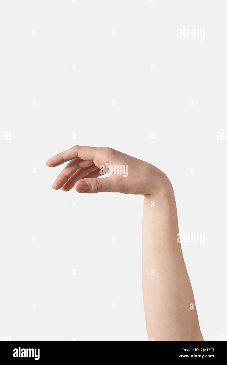 Nahaufnahme junge weibliche Hand müde Geste auf weiß. Stockfoto