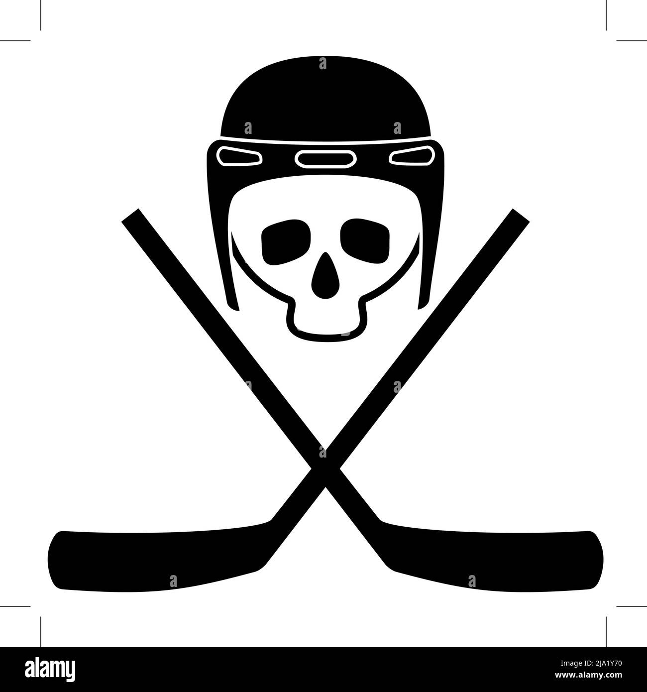 Schädel im Helm und gekreuzte Hockeyschläger. Schwarz-Weiß-Symbol. Weißer Hintergrund. Isolierte Objekte. Vektorgrafik Stock Vektor