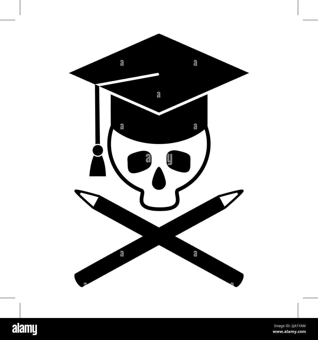 Schädel in Kappe von Graduate und gekreuzten Bleistiften.. Schwarzweiß-Bild. Vektorgrafik Stock Vektor